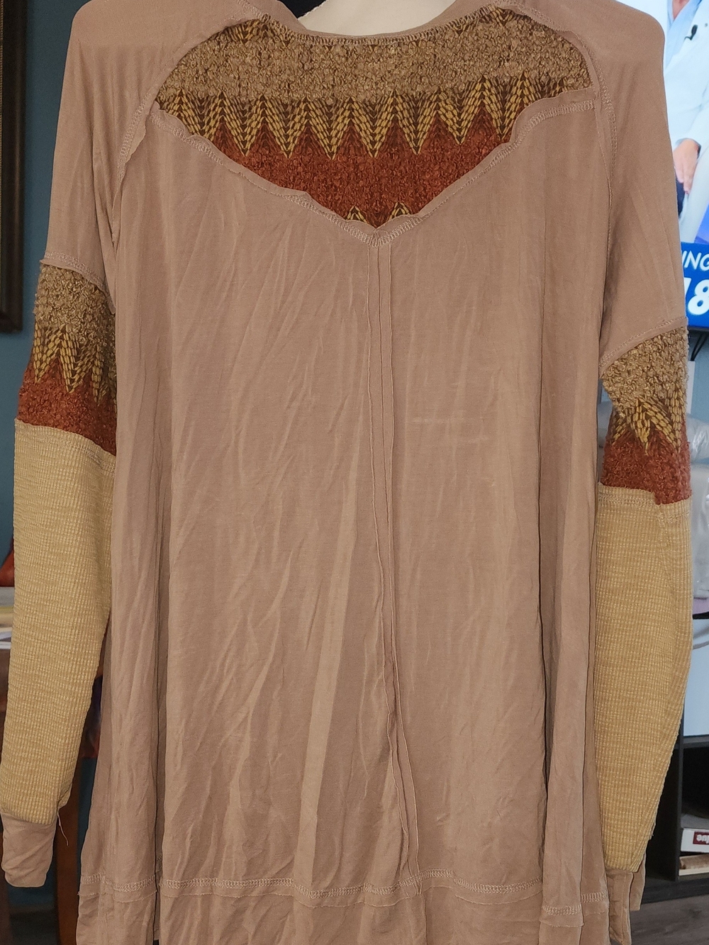 POL Women's Neutral Patchwork Sleeve Henley Top - Beige Sz SM - Picture 4 of 6